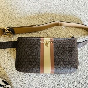 Michael Kors Signature Stripe Crossbody Belt Bag - Brown/Beige